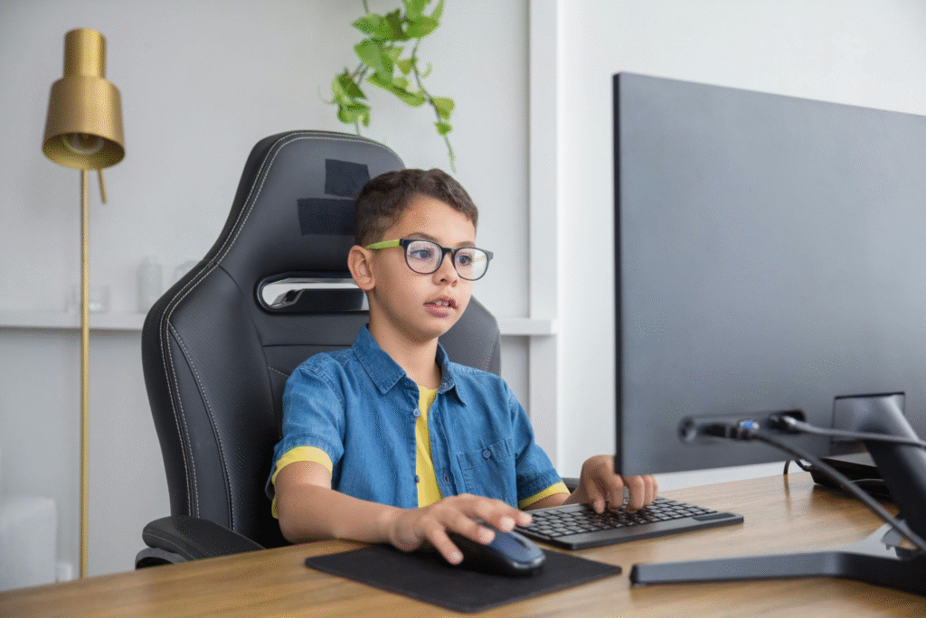 A demonstration of proper ergonomics for home learning with a child at a desk